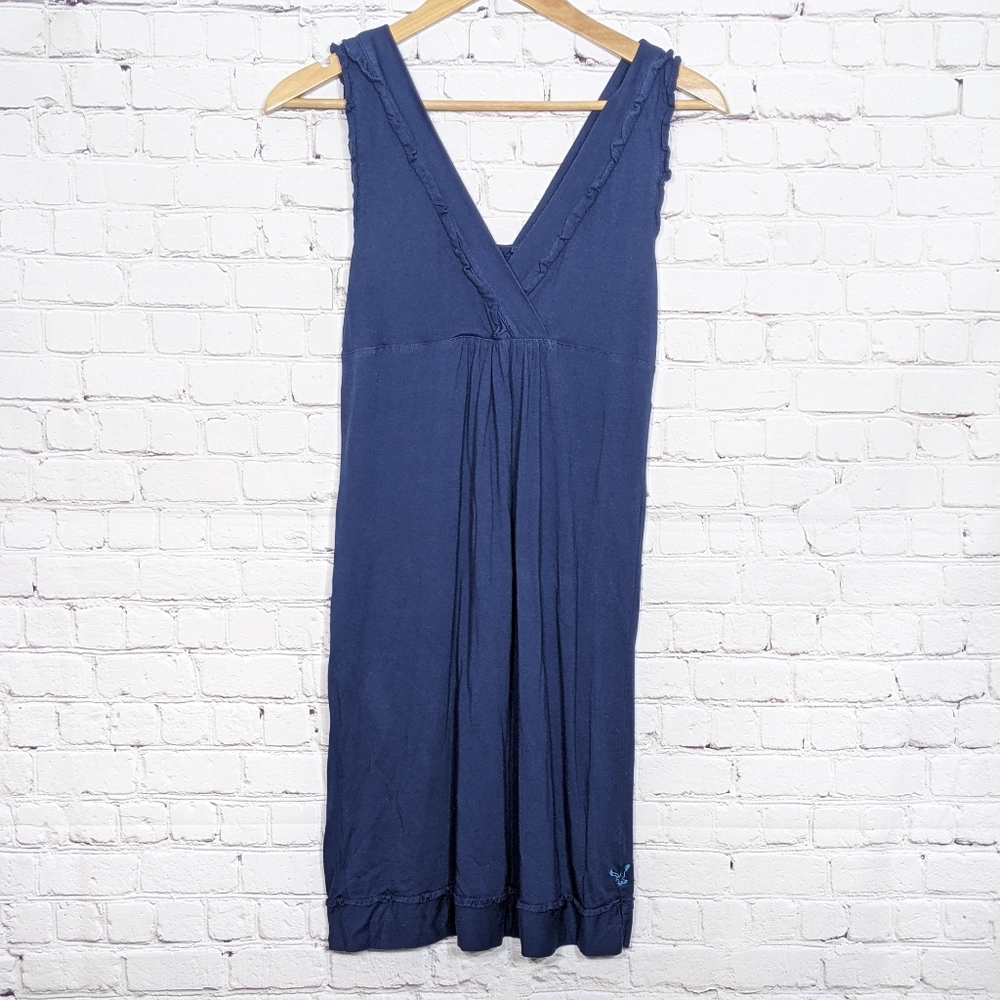 American Eagle Navy Blue V Neck Ruffled Neck Dress Small